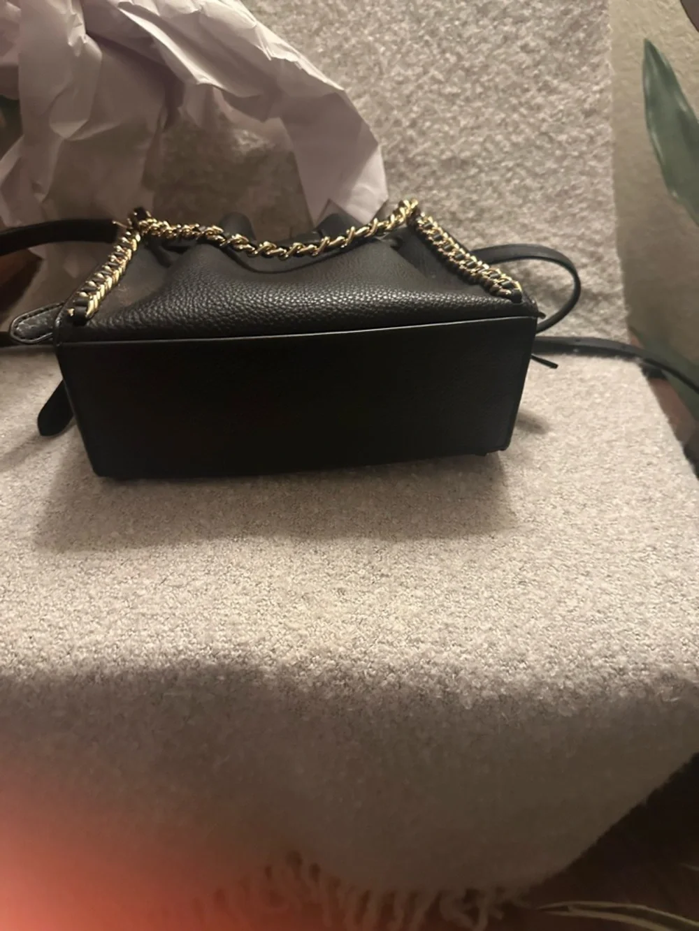 Michael Kors Black Leather Mini Shoulder Bag with Gold Chain Trim